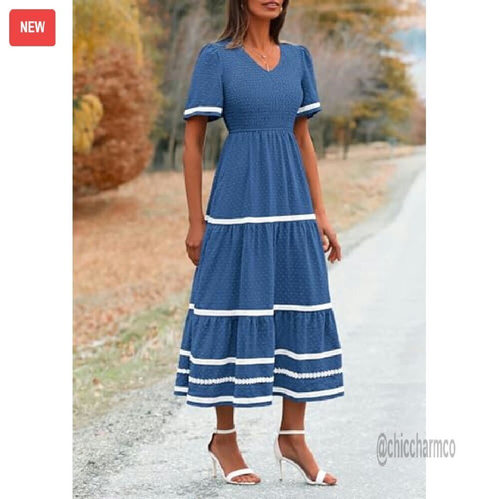 Women's Casual Maxi Dress Short Sleeve V Neck Smocked Flowy Beach - Picture 7 of 8